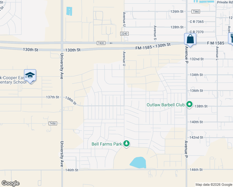 map of restaurants, bars, coffee shops, grocery stores, and more near 2122 136th Street in Lubbock