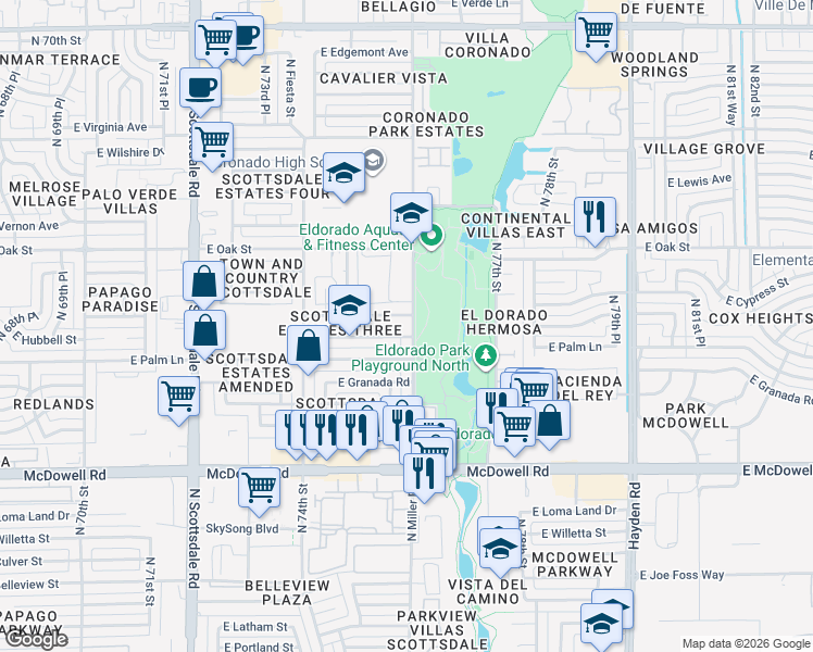 map of restaurants, bars, coffee shops, grocery stores, and more near 7538 East Holly Street in Scottsdale