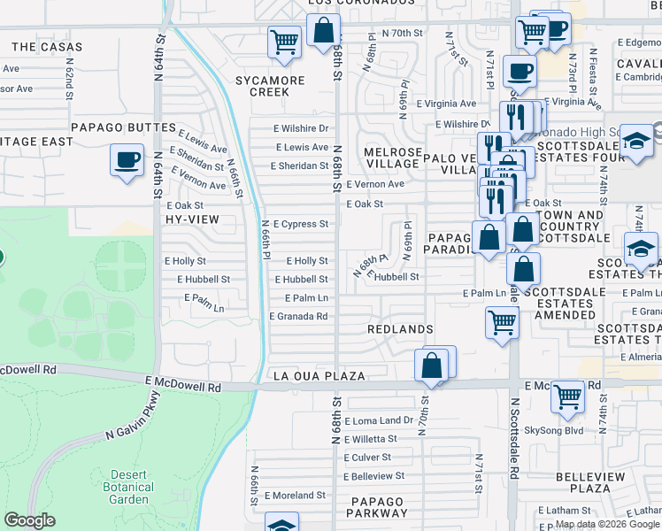 map of restaurants, bars, coffee shops, grocery stores, and more near 2045 North 68th Street in Scottsdale