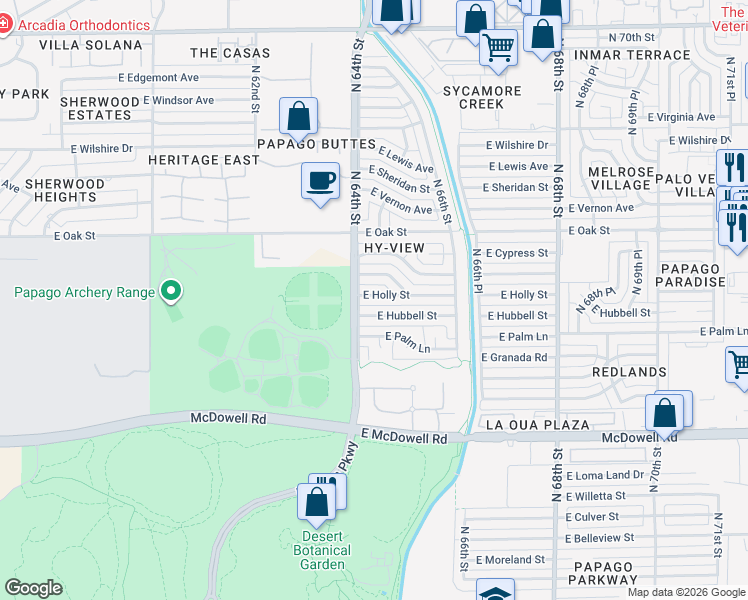 map of restaurants, bars, coffee shops, grocery stores, and more near 6449 East Parkview Drive in Scottsdale