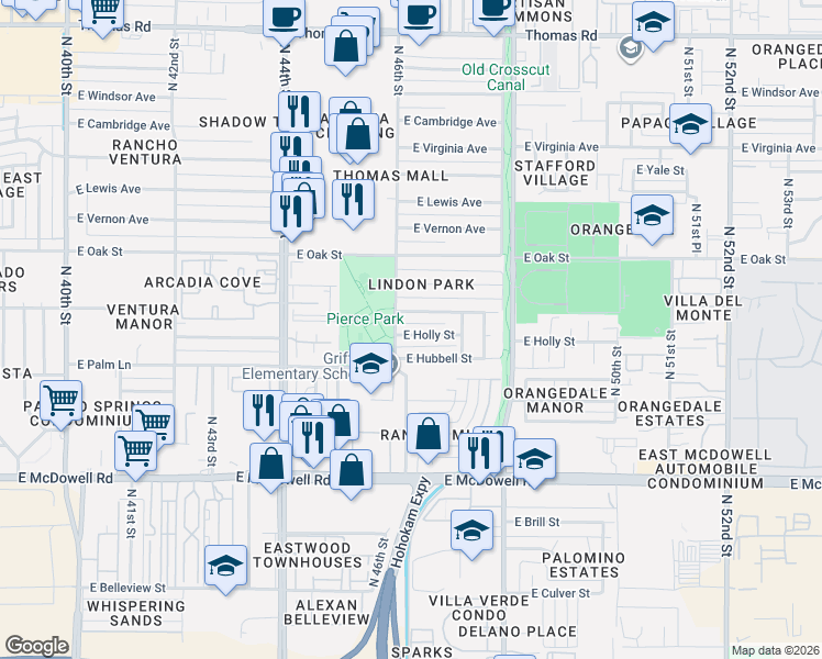 map of restaurants, bars, coffee shops, grocery stores, and more near 4601 East Monte Vista Road in Phoenix