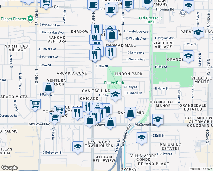 map of restaurants, bars, coffee shops, grocery stores, and more near 2121 North 44th Street in Phoenix