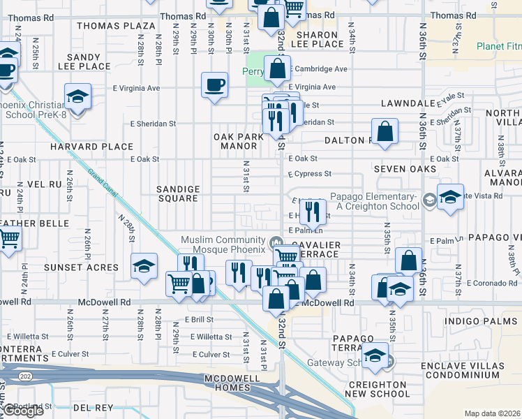 map of restaurants, bars, coffee shops, grocery stores, and more near 3131 East Monte Vista Road in Phoenix