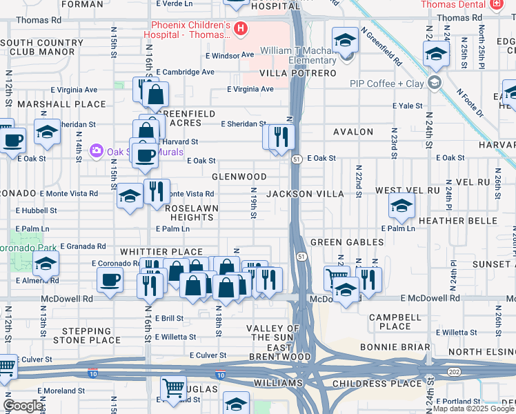map of restaurants, bars, coffee shops, grocery stores, and more near 1901 East Monte Vista Road in Phoenix