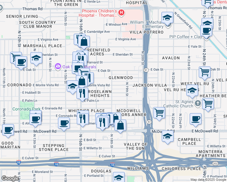 map of restaurants, bars, coffee shops, grocery stores, and more near 1815 East Monte Vista Road in Phoenix