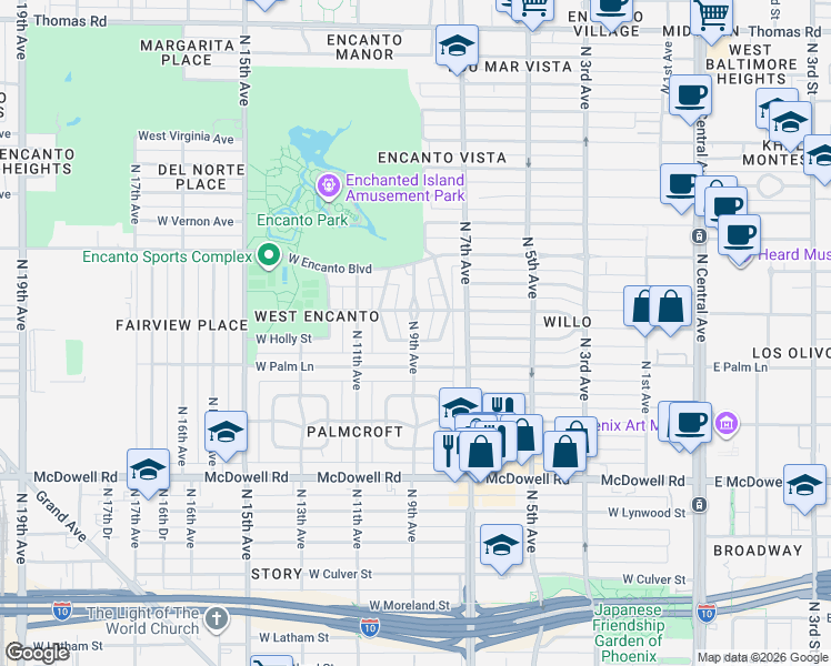 map of restaurants, bars, coffee shops, grocery stores, and more near 745 West Monte Vista Road in Phoenix
