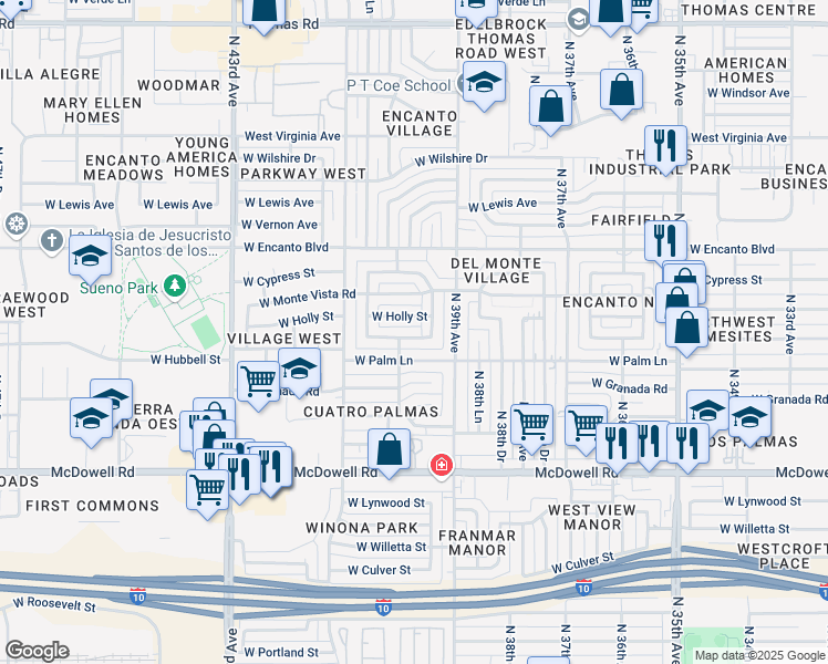 map of restaurants, bars, coffee shops, grocery stores, and more near 3933 West Holly Street in Phoenix