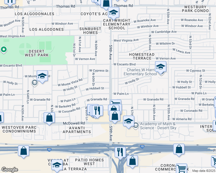 map of restaurants, bars, coffee shops, grocery stores, and more near 5901 West Holly Street in Phoenix
