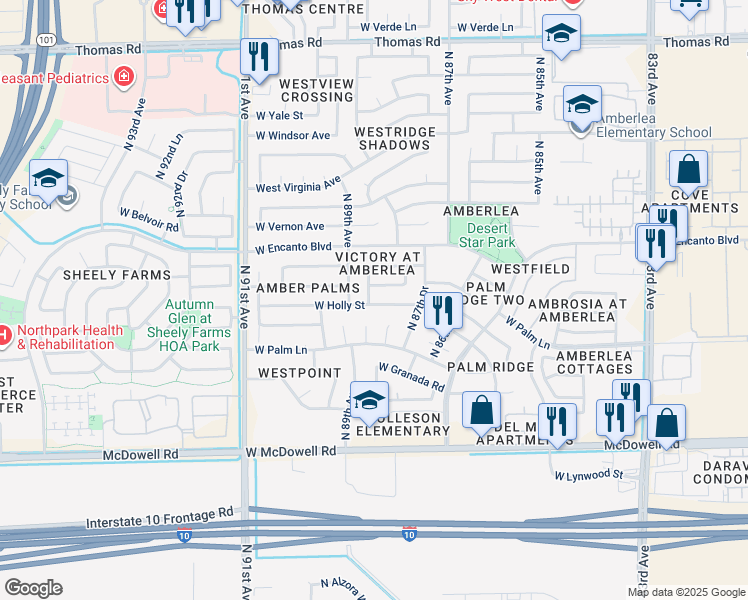 map of restaurants, bars, coffee shops, grocery stores, and more near 8829 West Monte Vista Road in Phoenix