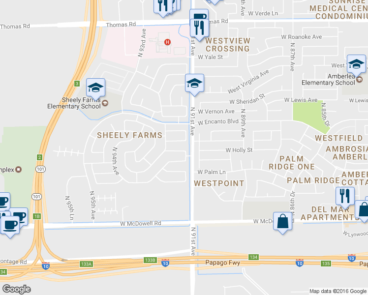 map of restaurants, bars, coffee shops, grocery stores, and more near 9110 West Monte Vista Road in Phoenix