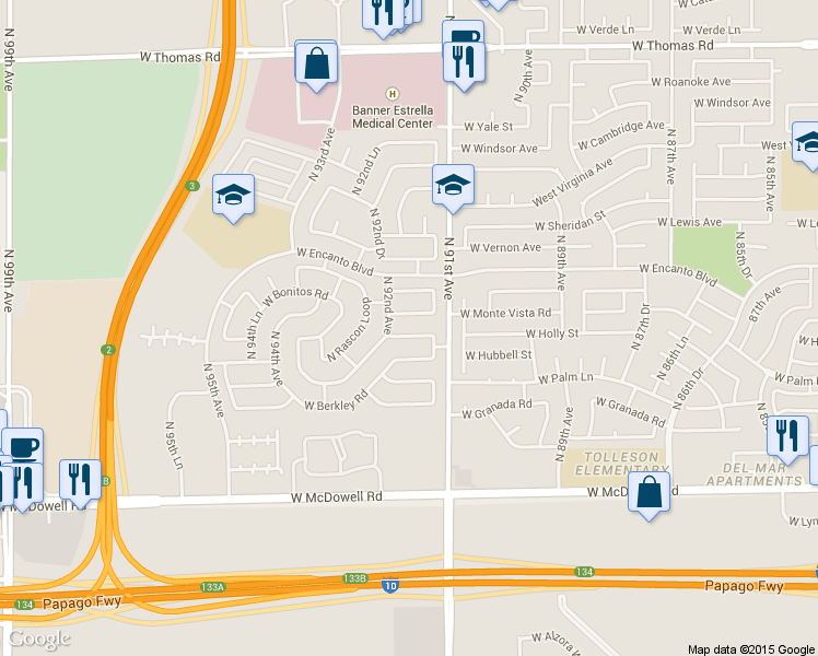 map of restaurants, bars, coffee shops, grocery stores, and more near 9132 West Alvarado Street in Phoenix