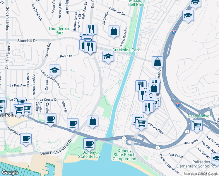 map of restaurants, bars, coffee shops, grocery stores, and more near 33852 Del Obispo Street in Dana Point