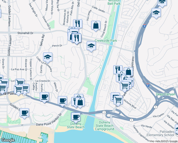 map of restaurants, bars, coffee shops, grocery stores, and more near in Dana Point