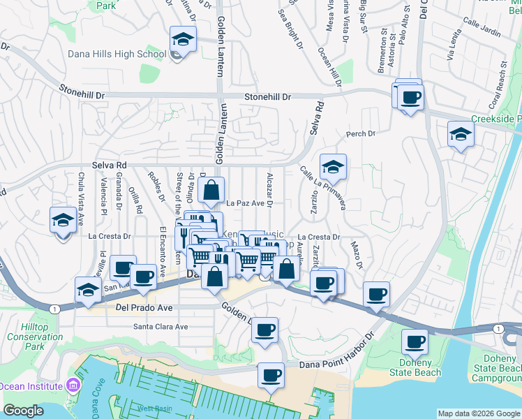map of restaurants, bars, coffee shops, grocery stores, and more near 33862 Alcazar Drive in Dana Point