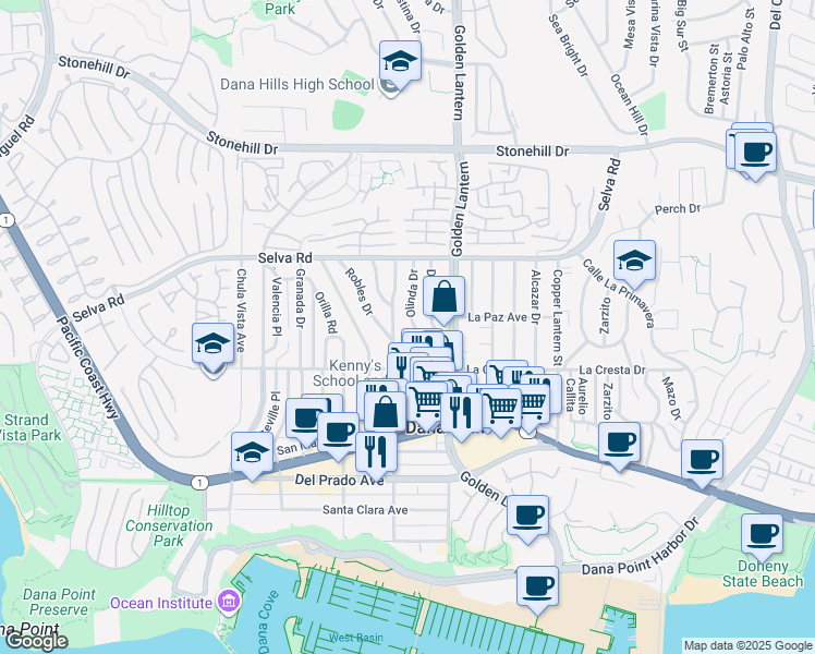 map of restaurants, bars, coffee shops, grocery stores, and more near 33861 Diana Drive in Dana Point