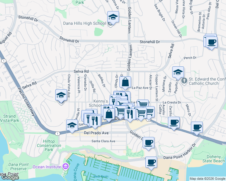 map of restaurants, bars, coffee shops, grocery stores, and more near 33859 Street of the Violet Lantern in Dana Point