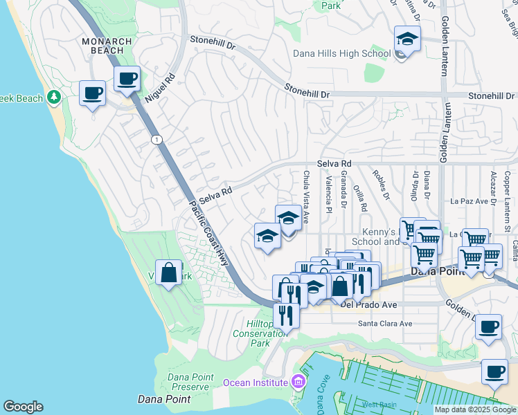 map of restaurants, bars, coffee shops, grocery stores, and more near 33842 Manta Court in Dana Point
