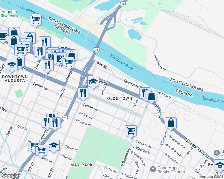 map of restaurants, bars, coffee shops, grocery stores, and more near 231 Broad Street in Augusta
