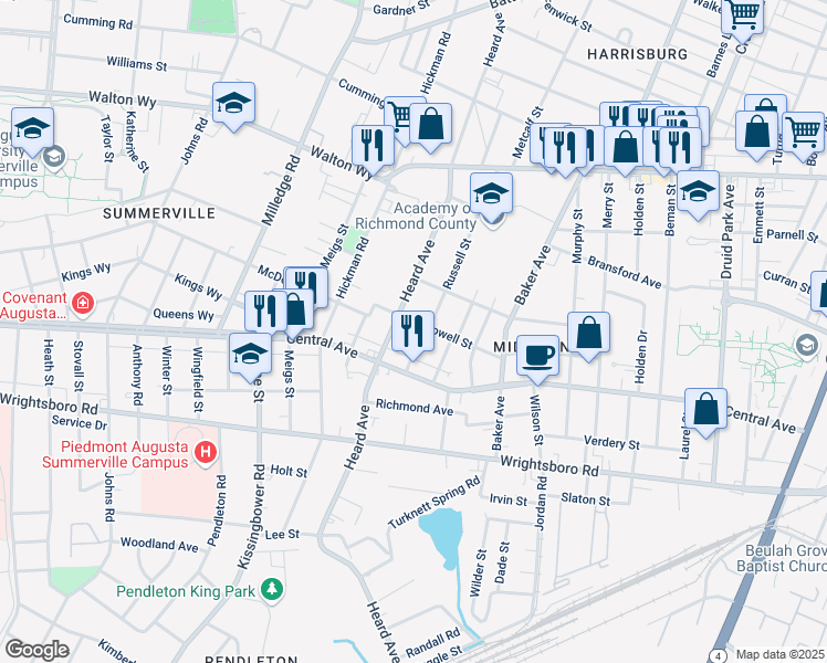 map of restaurants, bars, coffee shops, grocery stores, and more near 1061 Russell Street in Augusta