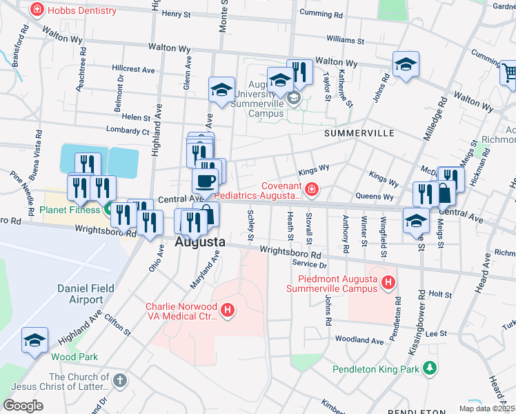 map of restaurants, bars, coffee shops, grocery stores, and more near 2423 Central Avenue in Augusta