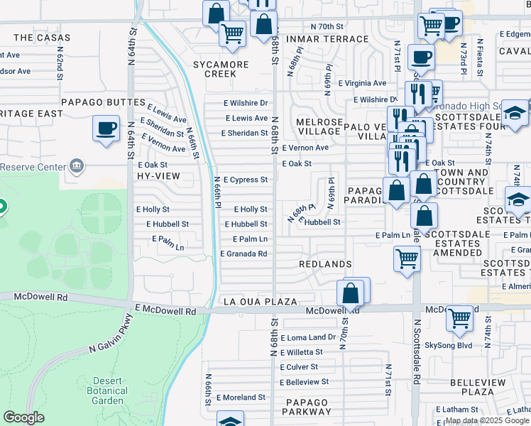 map of restaurants, bars, coffee shops, grocery stores, and more near 6737 East Holly Street in Scottsdale