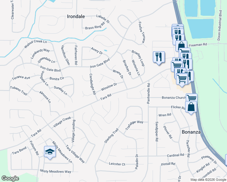map of restaurants, bars, coffee shops, grocery stores, and more near 1337 Winslow Drive in Jonesboro