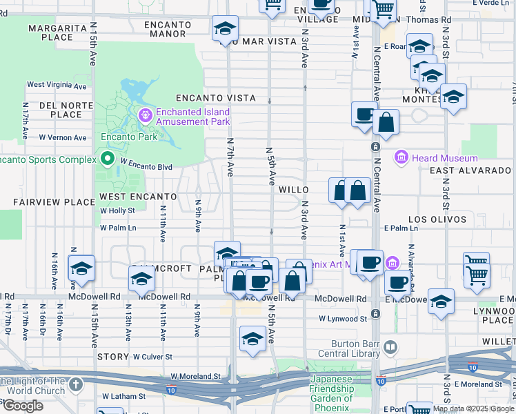 map of restaurants, bars, coffee shops, grocery stores, and more near 521 West Monte Vista Road in Phoenix