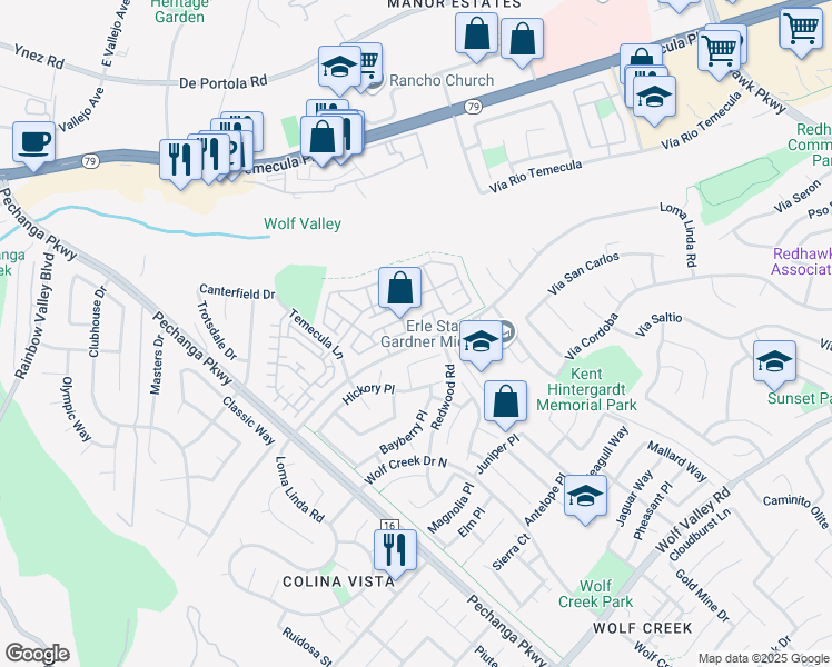 map of restaurants, bars, coffee shops, grocery stores, and more near 31195 Black Maple Drive in Temecula