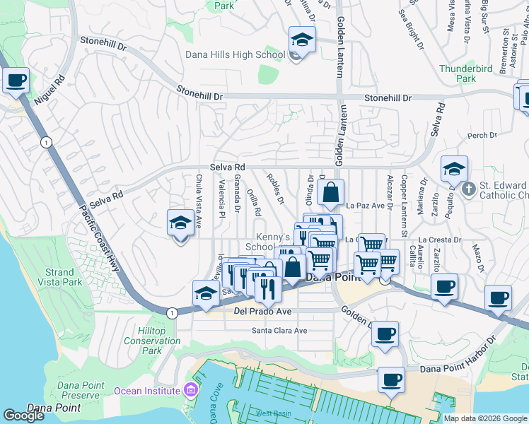 map of restaurants, bars, coffee shops, grocery stores, and more near 33910 Orilla Road in Dana Point