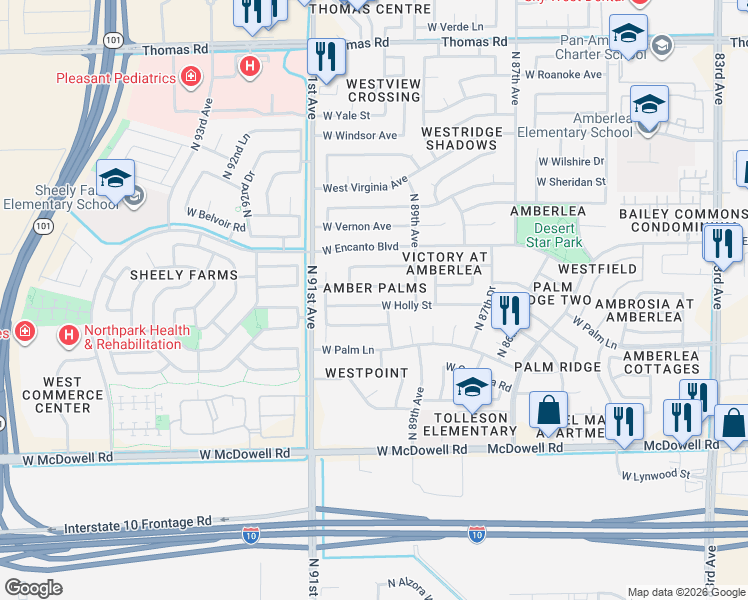 map of restaurants, bars, coffee shops, grocery stores, and more near 8946 West Monte Vista Road in Phoenix