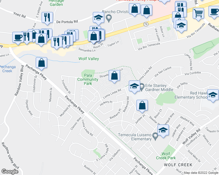 map of restaurants, bars, coffee shops, grocery stores, and more near 31159 Lavender Court in Temecula