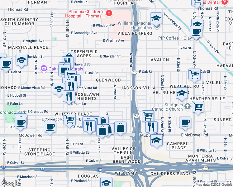 map of restaurants, bars, coffee shops, grocery stores, and more near 1901 East Monte Vista Road in Phoenix
