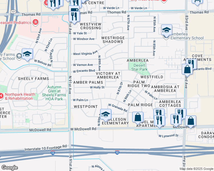 map of restaurants, bars, coffee shops, grocery stores, and more near 8829 West Monte Vista Road in Phoenix