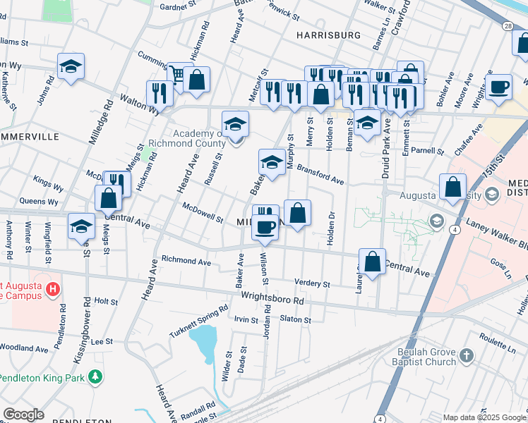 map of restaurants, bars, coffee shops, grocery stores, and more near 1828 Hampton Avenue in Augusta