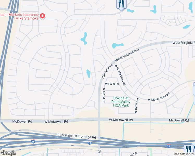 map of restaurants, bars, coffee shops, grocery stores, and more near 2149 North 164th Avenue in Goodyear