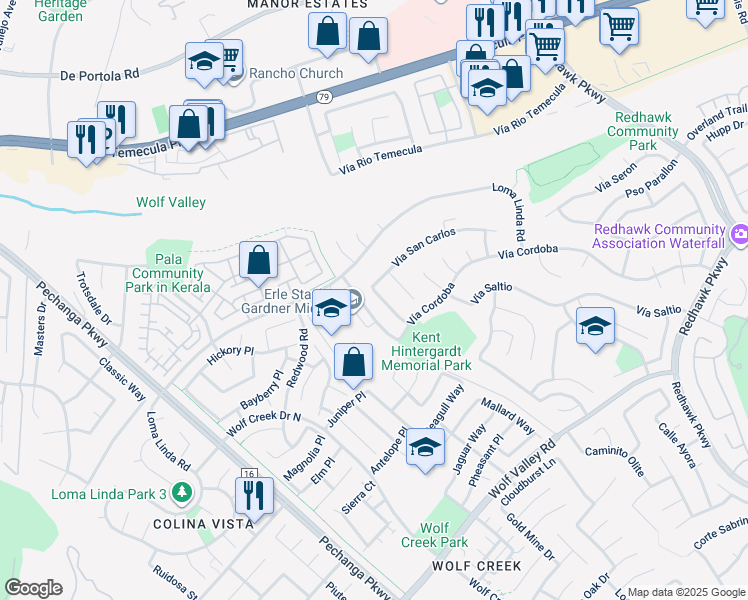 map of restaurants, bars, coffee shops, grocery stores, and more near 45117 Vía Quivera in Temecula