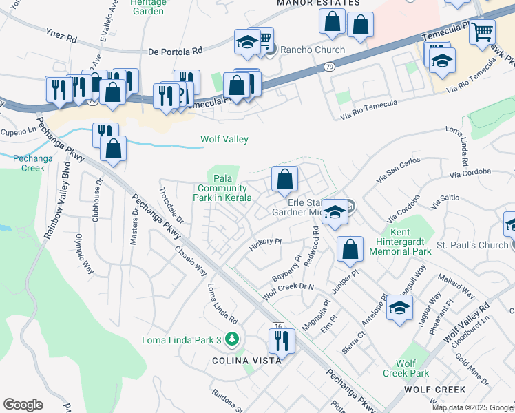 map of restaurants, bars, coffee shops, grocery stores, and more near 44949 Blue Rosemary Way in Temecula