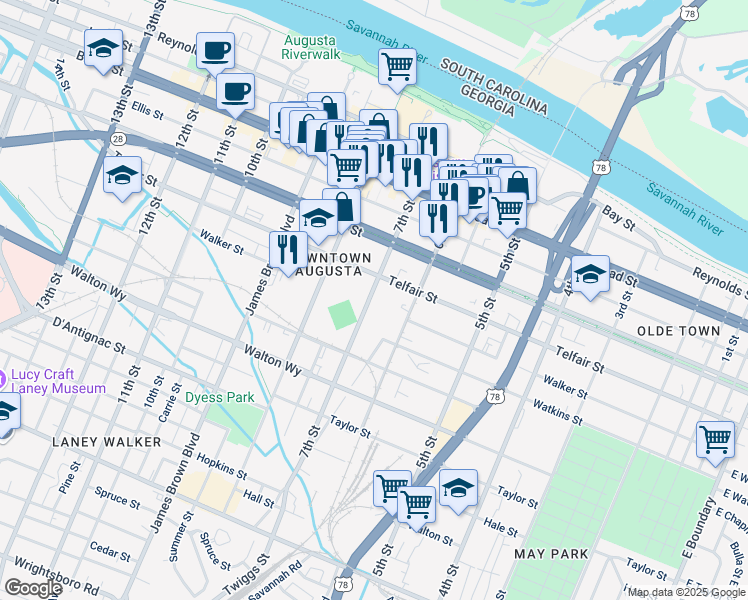 map of restaurants, bars, coffee shops, grocery stores, and more near 642 Telfair Street in Augusta