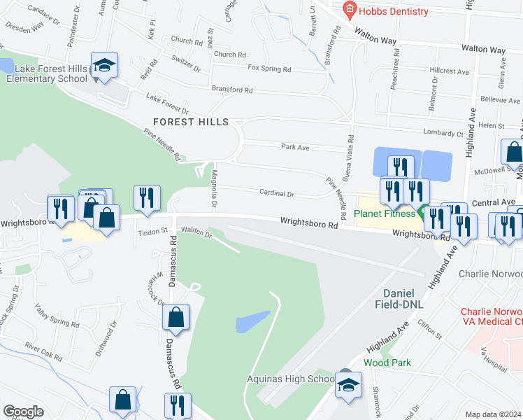 map of restaurants, bars, coffee shops, grocery stores, and more near 3035 Wrightsboro Road in Augusta