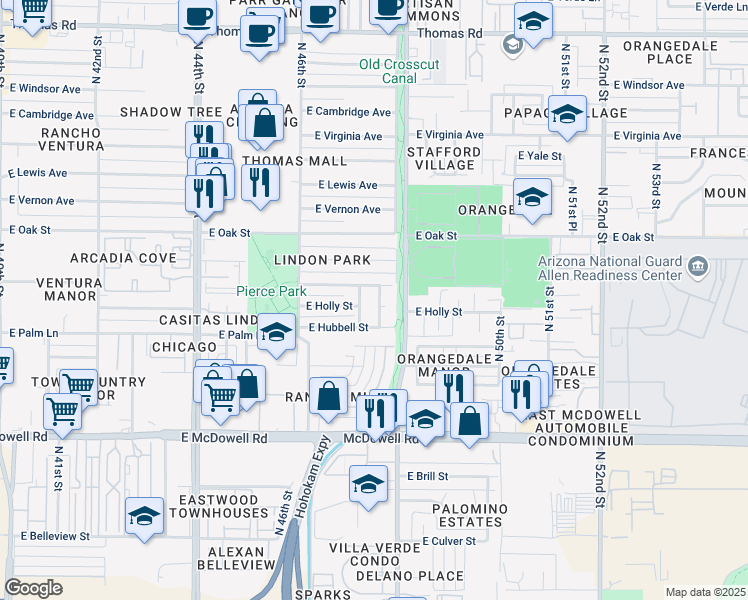 map of restaurants, bars, coffee shops, grocery stores, and more near 4717 East Monte Vista Road in Phoenix
