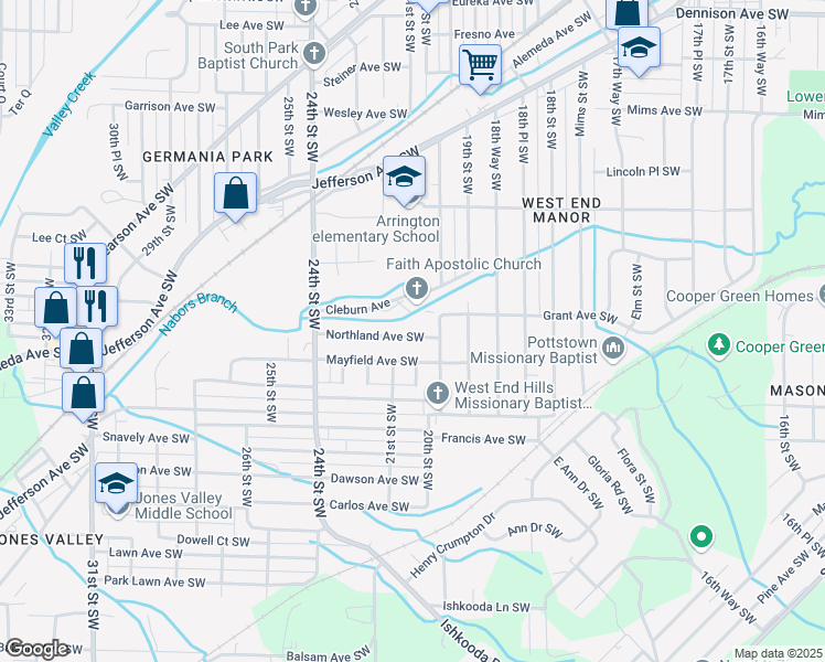 map of restaurants, bars, coffee shops, grocery stores, and more near 2012 Northland Avenue Southwest in Birmingham
