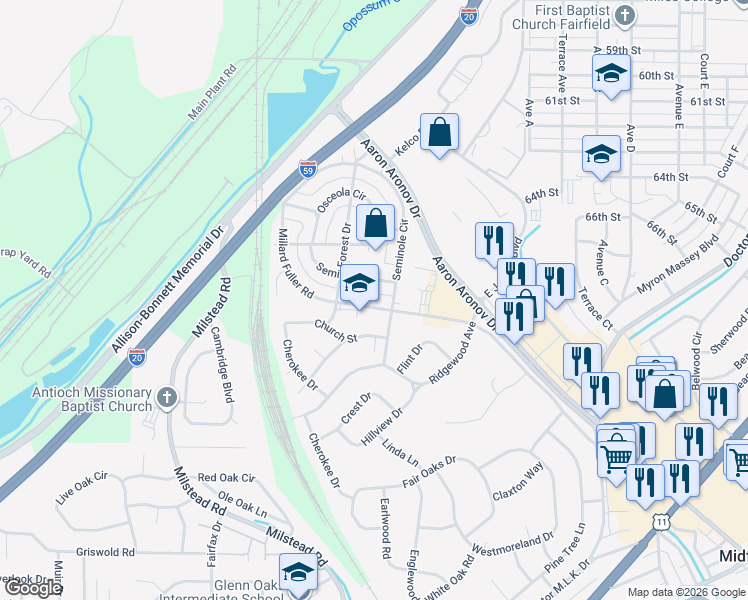 map of restaurants, bars, coffee shops, grocery stores, and more near 520 Seminole Drive in Fairfield