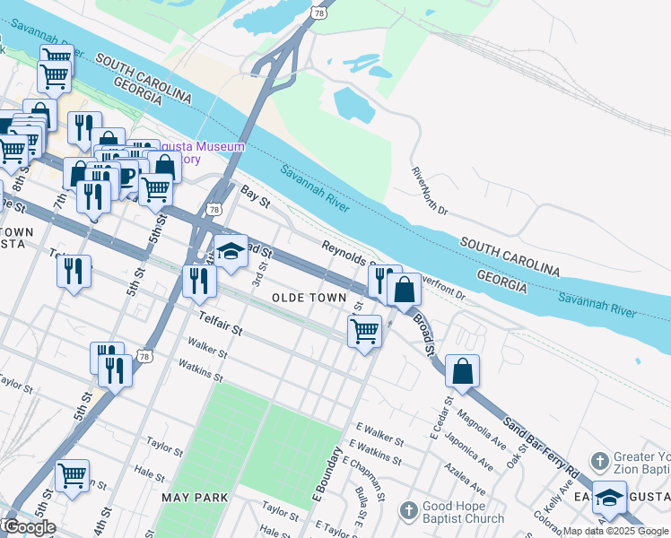 map of restaurants, bars, coffee shops, grocery stores, and more near 102 2nd Street in Augusta