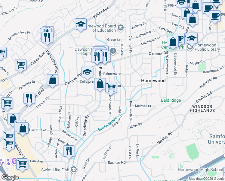 map of restaurants, bars, coffee shops, grocery stores, and more near 301 Woodland Drive in Birmingham