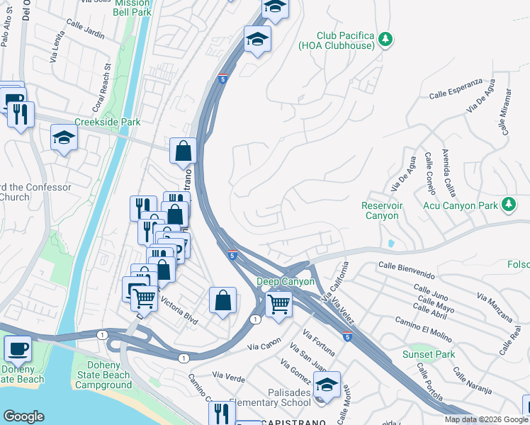 map of restaurants, bars, coffee shops, grocery stores, and more near 26366 Paseo Lluvia in San Juan Capistrano