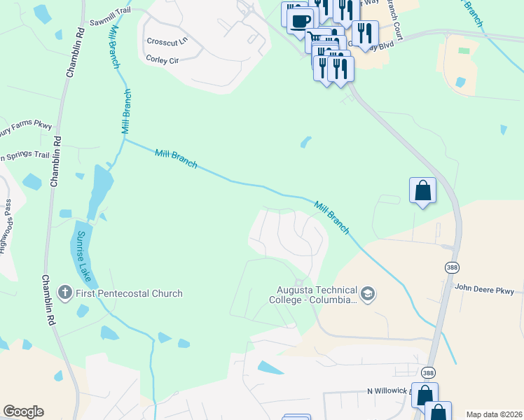 map of restaurants, bars, coffee shops, grocery stores, and more near 5118 Heathbrook Dr in Grovetown