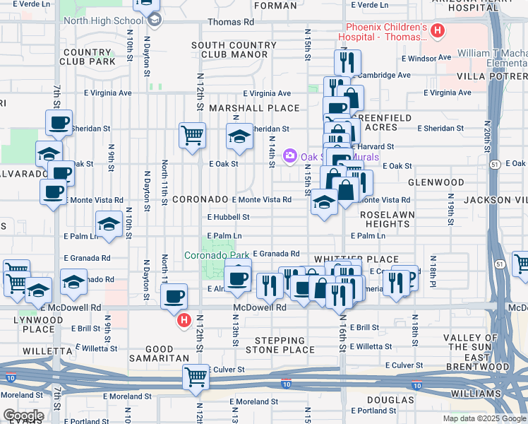 map of restaurants, bars, coffee shops, grocery stores, and more near 1325 East Monte Vista Road in Phoenix