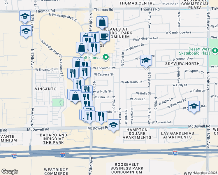 map of restaurants, bars, coffee shops, grocery stores, and more near 2041 North 73rd Lane in Phoenix