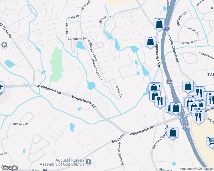 map of restaurants, bars, coffee shops, grocery stores, and more near 5130 Wheeler Lake Road in Augusta