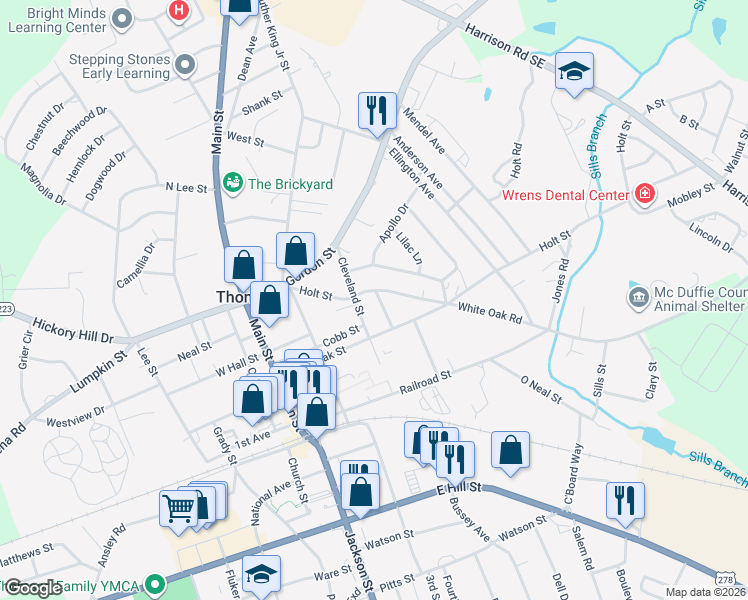 map of restaurants, bars, coffee shops, grocery stores, and more near 320 Holt Street in Thomson
